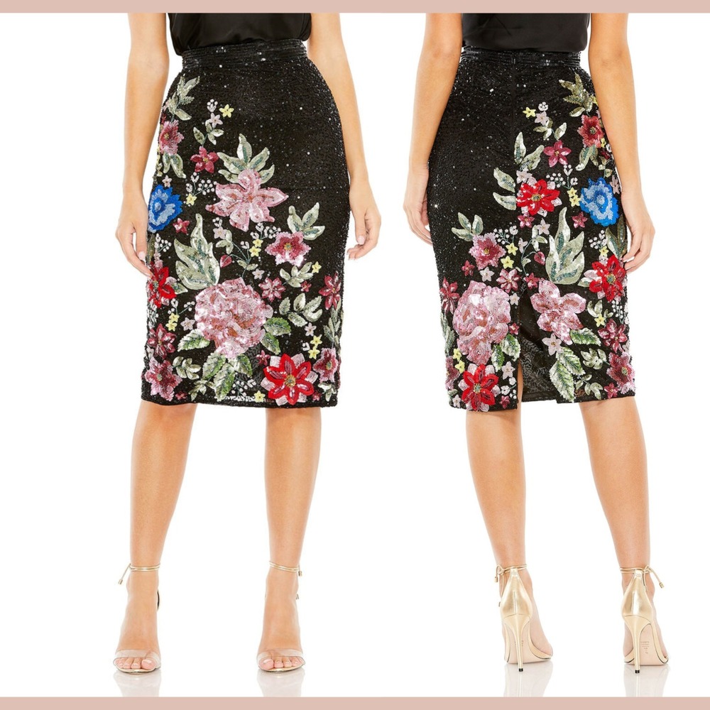 NWT Mac Duggal [ Medium ] R5699 Sequin Beaded Floral Pencil Skirt Black U1966